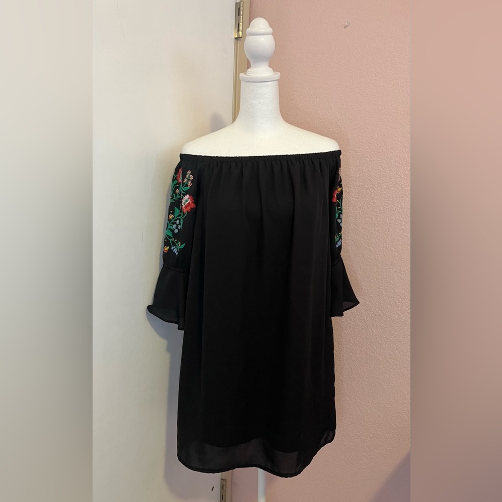 Floral Embroidered Flutter Sleeve Off the Shoulder Dress